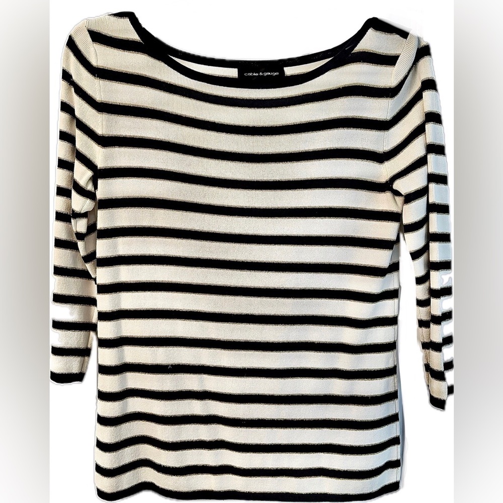 Cable & Gauge/Club Monaco Black, Gold & White Striped Boatneck Sweater